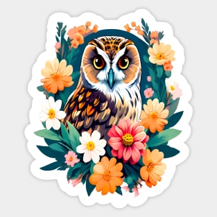 A Cute Short Eared Owl Surrounded by Bold Vibrant Spring Flowers Sticker